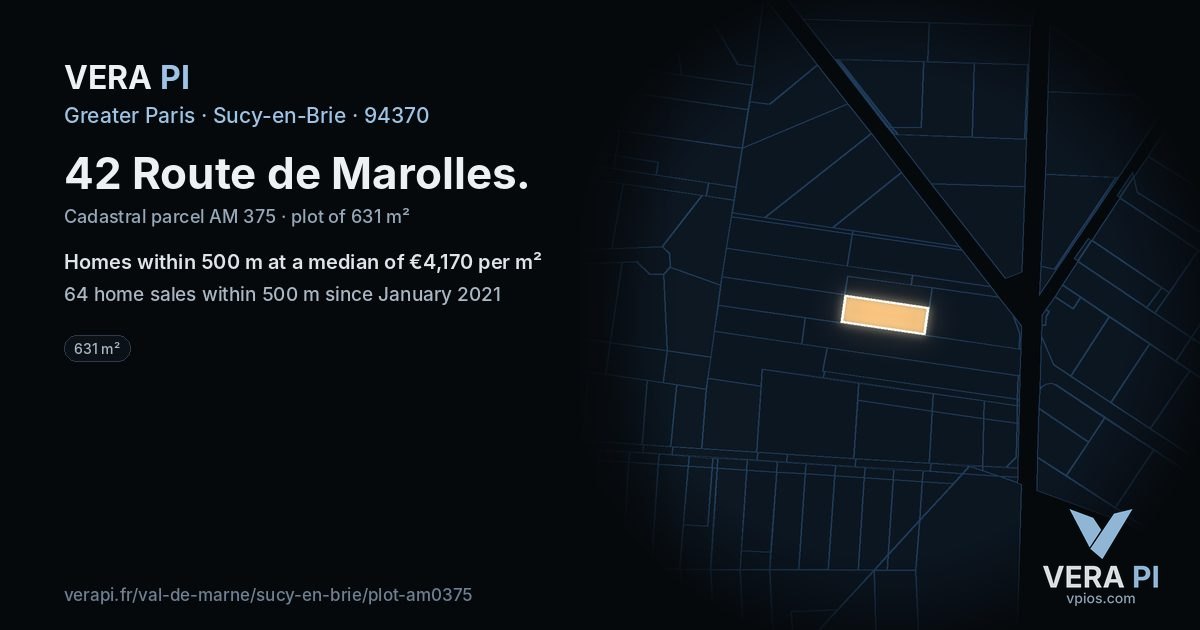 42 Route de Marolles, Sucy-en-Brie at night – the plot lit, the parcels around coloured by the prices near them