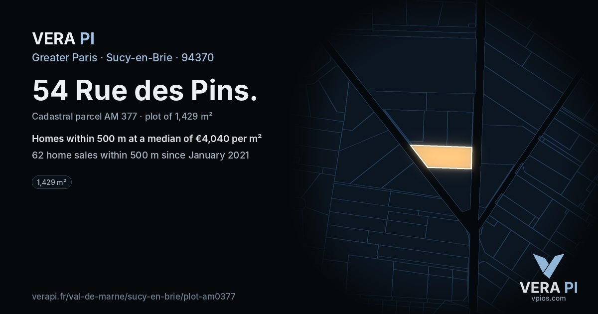 54 Rue des Pins, Sucy-en-Brie at night – the plot lit, the parcels around coloured by the prices near them