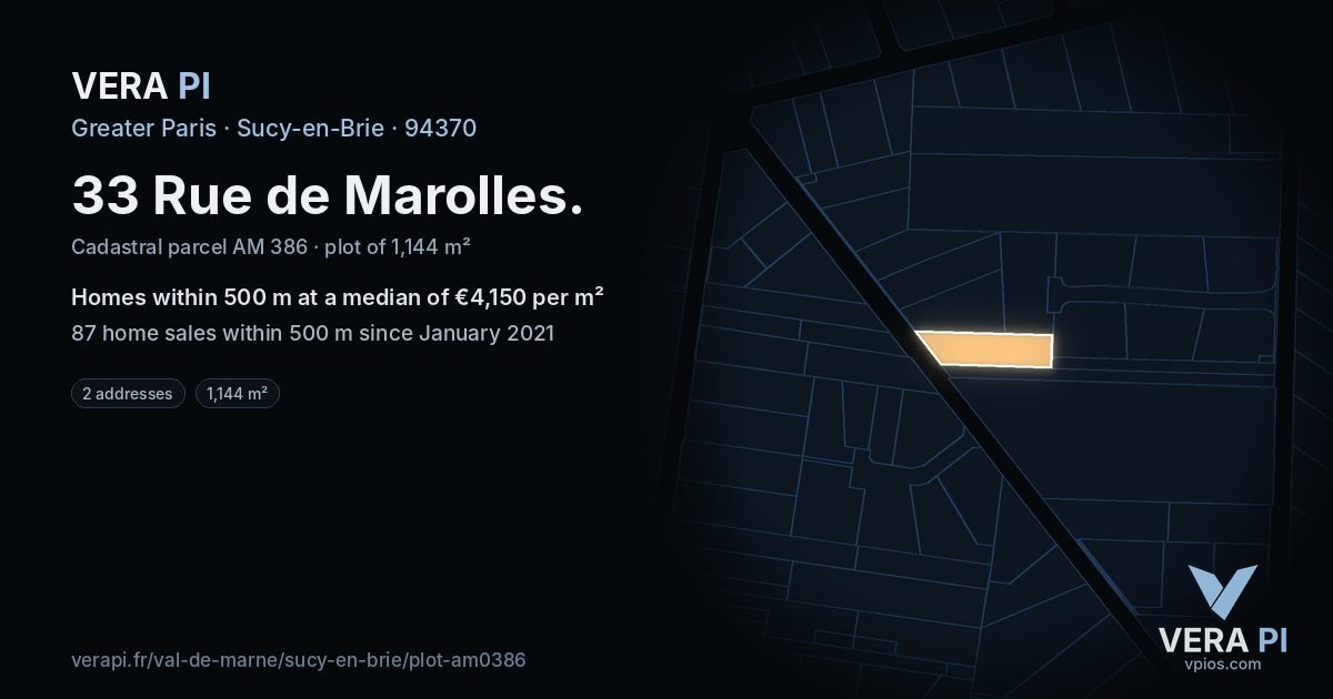 33 Rue de Marolles, Sucy-en-Brie at night – the plot lit, the parcels around coloured by the prices near them