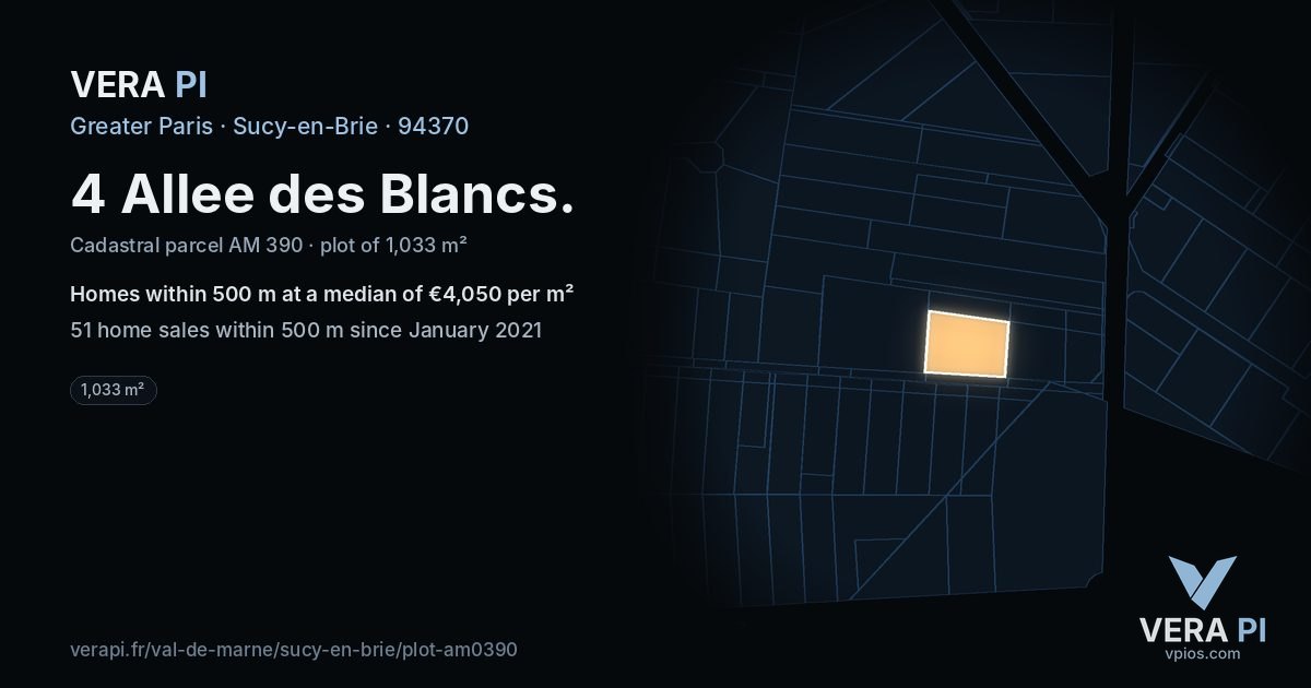 4 Allee des Blancs, Sucy-en-Brie at night – the plot lit, the parcels around coloured by the prices near them