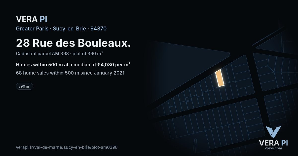 28 Rue des Bouleaux, Sucy-en-Brie at night – the plot lit, the parcels around coloured by the prices near them