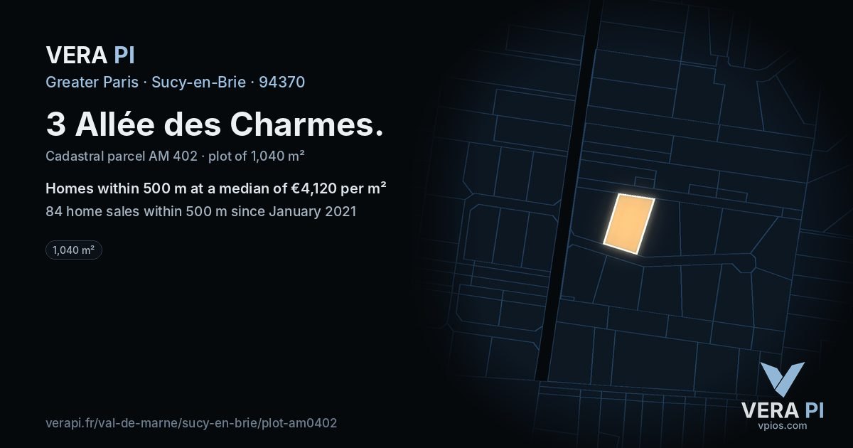 3 Allée des Charmes, Sucy-en-Brie at night – the plot lit, the parcels around coloured by the prices near them