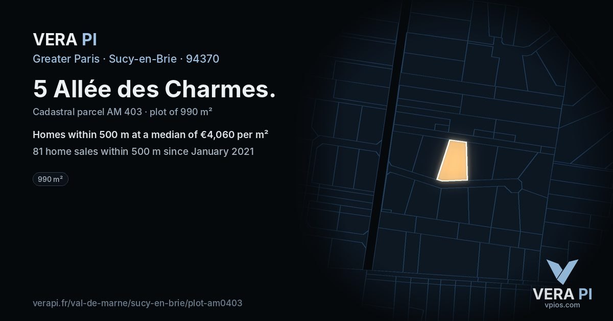 5 Allée des Charmes, Sucy-en-Brie at night – the plot lit, the parcels around coloured by the prices near them