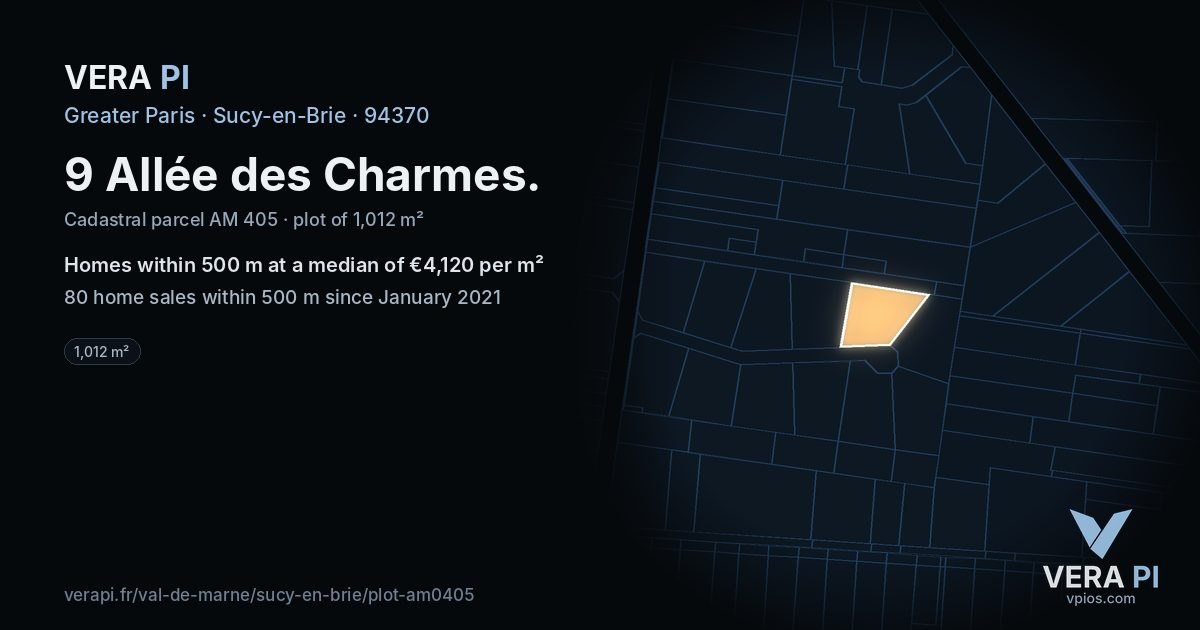 9 Allée des Charmes, Sucy-en-Brie at night – the plot lit, the parcels around coloured by the prices near them