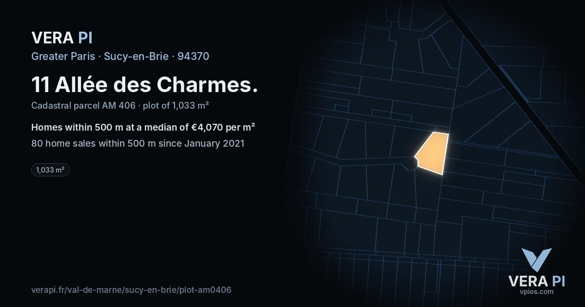 11 Allée des Charmes, Sucy-en-Brie at night – the plot lit, the parcels around coloured by the prices near them