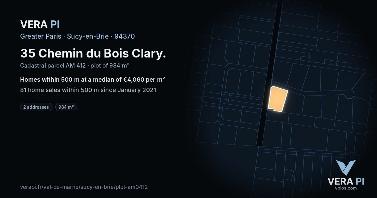 35 Chemin du Bois Clary, Sucy-en-Brie at night – the plot lit, the parcels around coloured by the prices near them