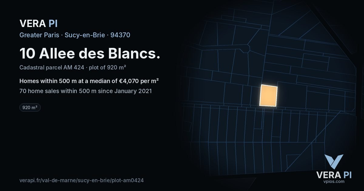 10 Allee des Blancs, Sucy-en-Brie at night – the plot lit, the parcels around coloured by the prices near them