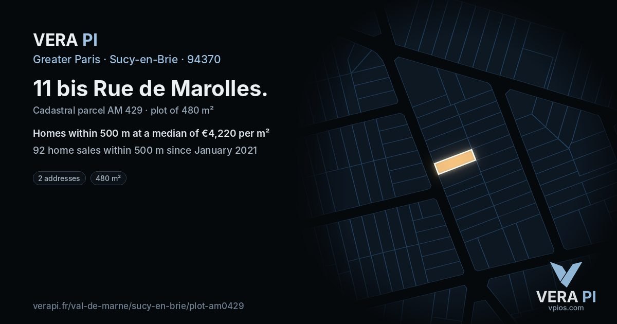11 bis Rue de Marolles, Sucy-en-Brie at night – the plot lit, the parcels around coloured by the prices near them