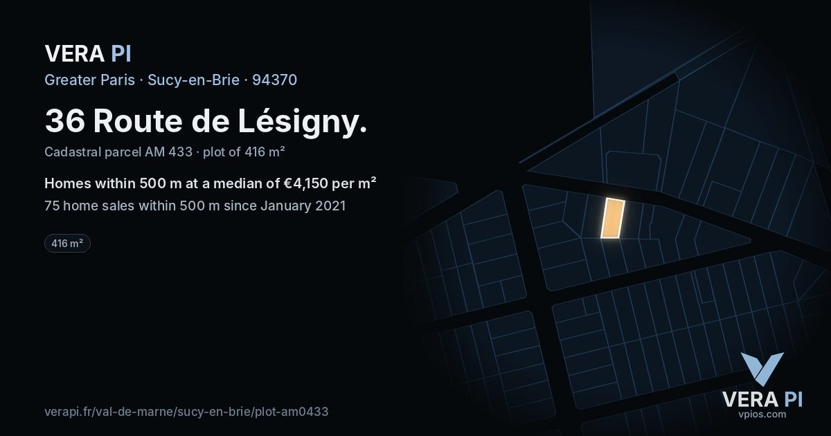 36 Route de Lésigny, Sucy-en-Brie at night – the plot lit, the parcels around coloured by the prices near them