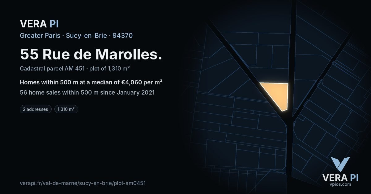 55 Rue de Marolles, Sucy-en-Brie at night – the plot lit, the parcels around coloured by the prices near them