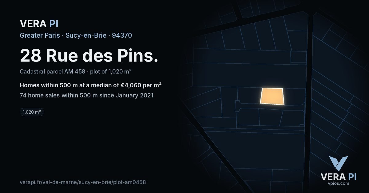 28 Rue des Pins, Sucy-en-Brie at night – the plot lit, the parcels around coloured by the prices near them