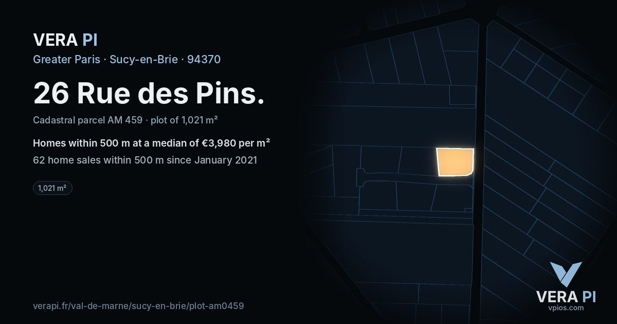 26 Rue des Pins, Sucy-en-Brie at night – the plot lit, the parcels around coloured by the prices near them