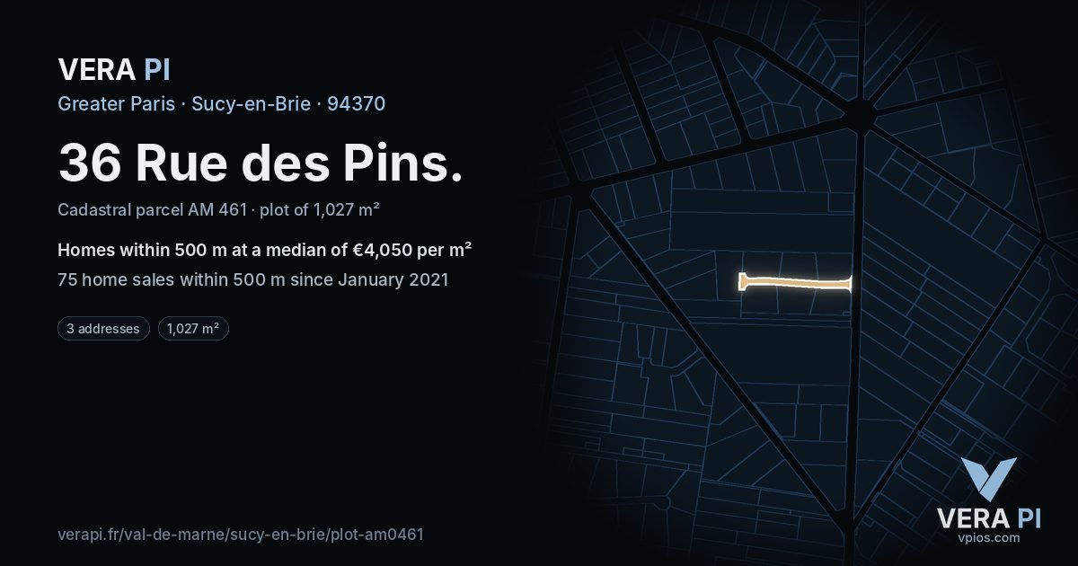 36 Rue des Pins, Sucy-en-Brie at night – the plot lit, the parcels around coloured by the prices near them
