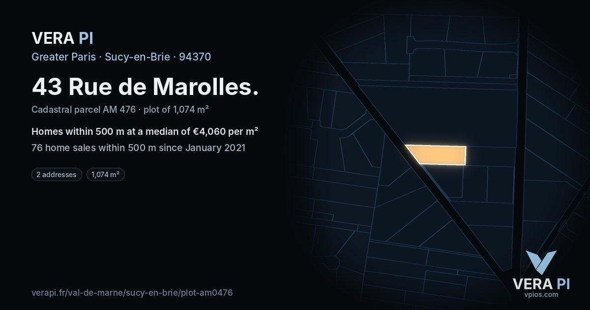 43 Rue de Marolles, Sucy-en-Brie at night – the plot lit, the parcels around coloured by the prices near them