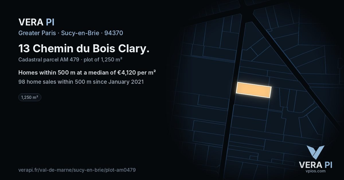13 Chemin du Bois Clary, Sucy-en-Brie at night – the plot lit, the parcels around coloured by the prices near them
