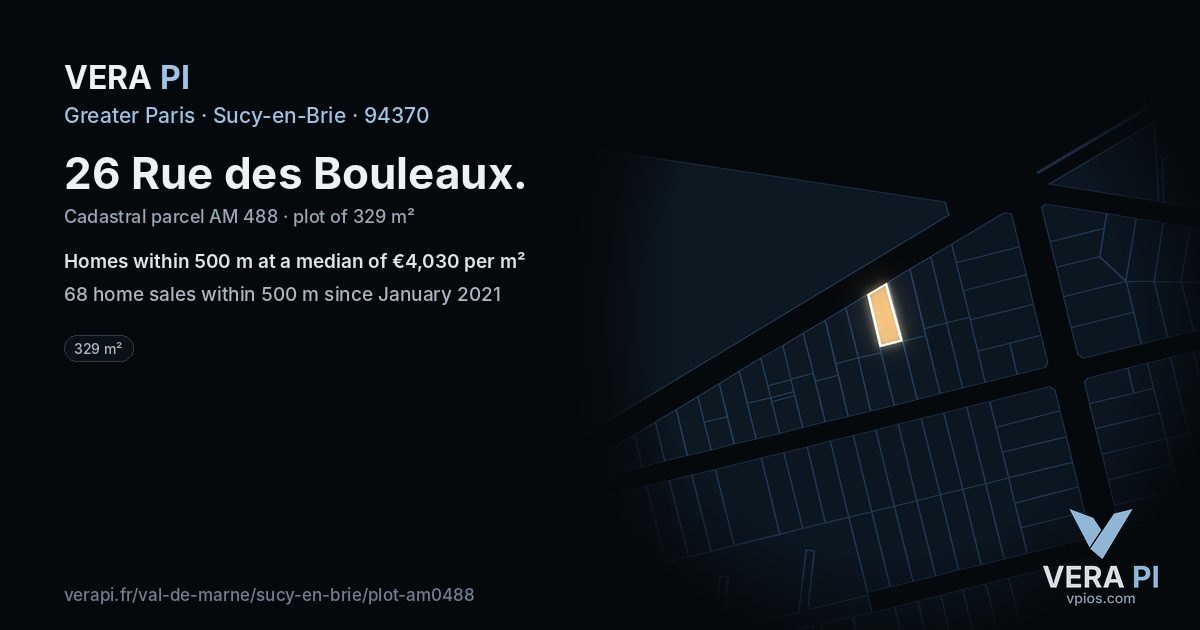 26 Rue des Bouleaux, Sucy-en-Brie at night – the plot lit, the parcels around coloured by the prices near them