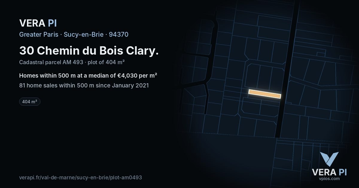 30 Chemin du Bois Clary, Sucy-en-Brie at night – the plot lit, the parcels around coloured by the prices near them