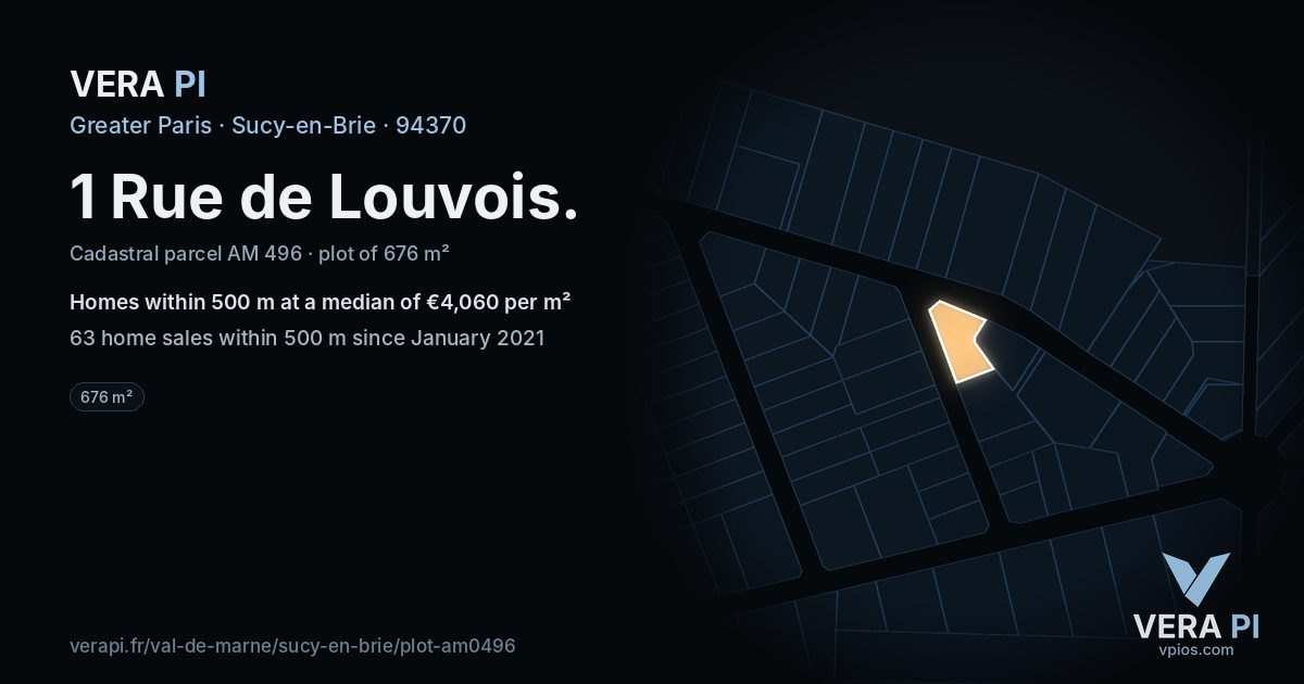 1 Rue de Louvois, Sucy-en-Brie at night – the plot lit, the parcels around coloured by the prices near them