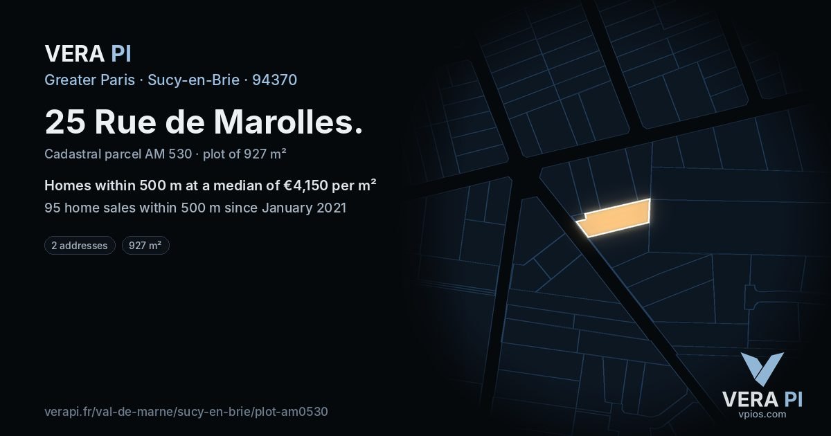 25 Rue de Marolles, Sucy-en-Brie at night – the plot lit, the parcels around coloured by the prices near them
