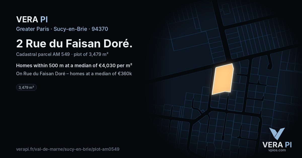 2 Rue du Faisan Doré, Sucy-en-Brie at night – the plot lit, the parcels around coloured by the prices near them