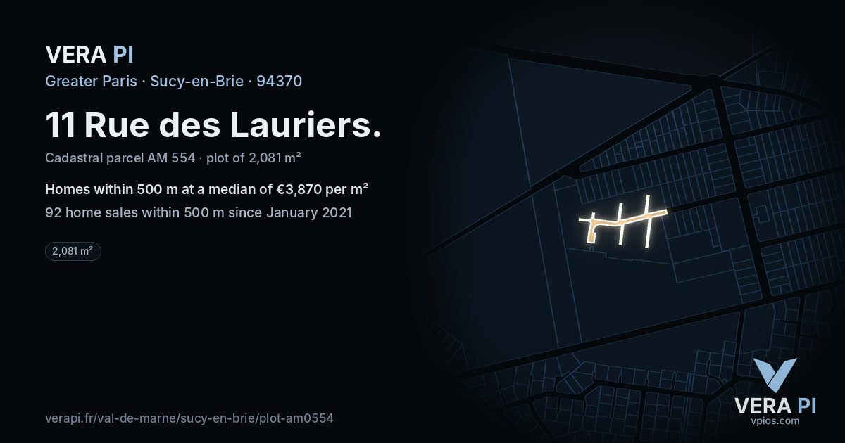 11 Rue des Lauriers, Sucy-en-Brie at night – the plot lit, the parcels around coloured by the prices near them