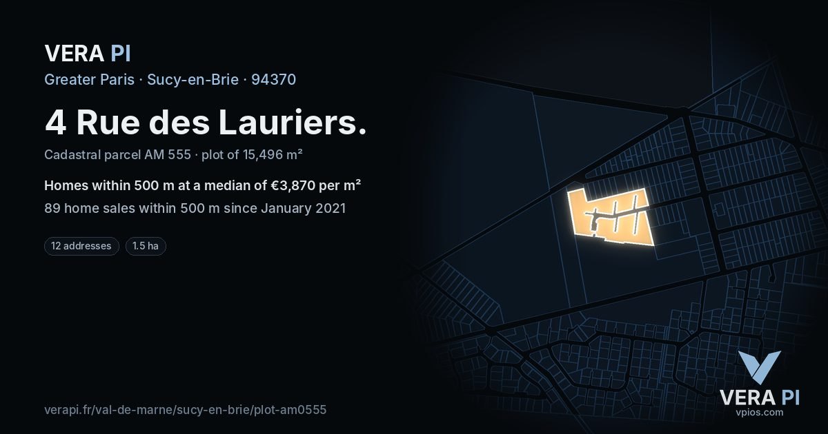 4 Rue des Lauriers, Sucy-en-Brie at night – the plot lit, the parcels around coloured by the prices near them