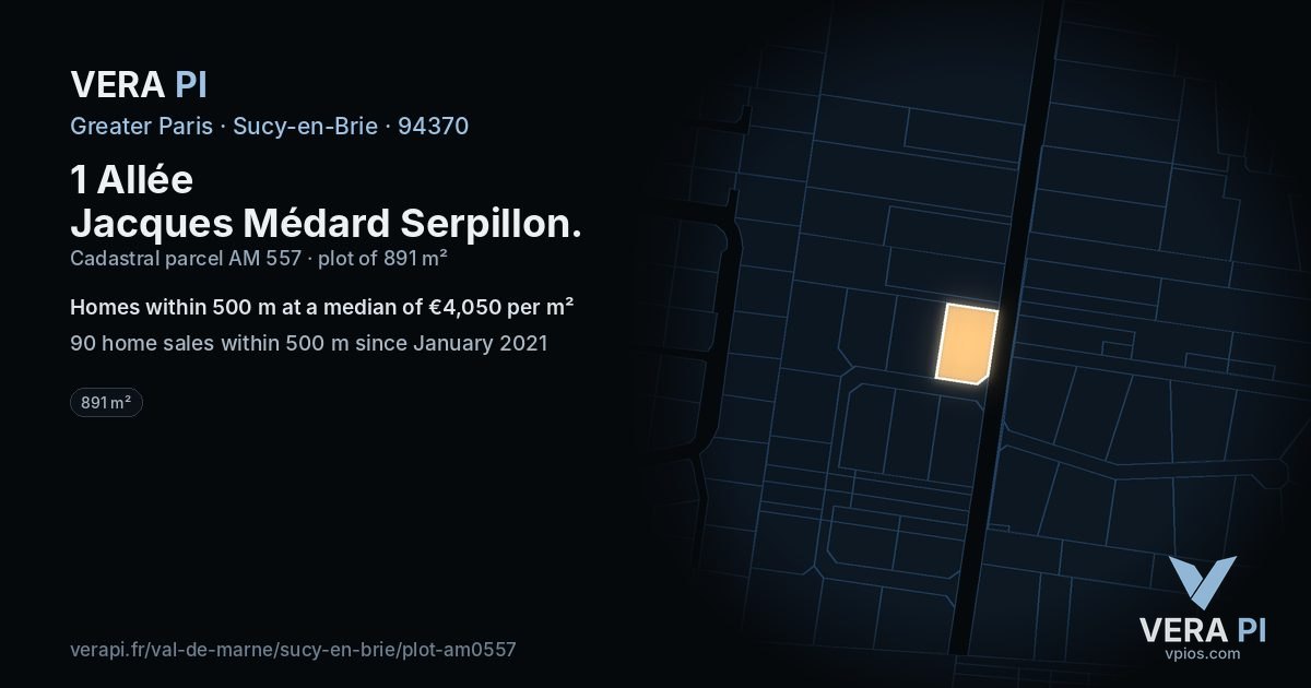 1 Allée Jacques Médard Serpillon, Sucy-en-Brie at night – the plot lit, the parcels around coloured by the prices near them
