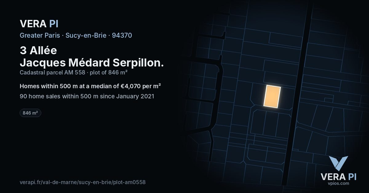 3 Allée Jacques Médard Serpillon, Sucy-en-Brie at night – the plot lit, the parcels around coloured by the prices near them
