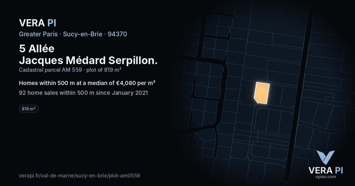 5 Allée Jacques Médard Serpillon, Sucy-en-Brie at night – the plot lit, the parcels around coloured by the prices near them