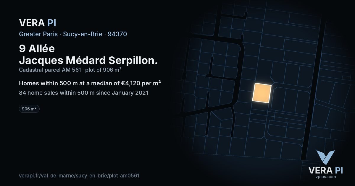 9 Allée Jacques Médard Serpillon, Sucy-en-Brie at night – the plot lit, the parcels around coloured by the prices near them