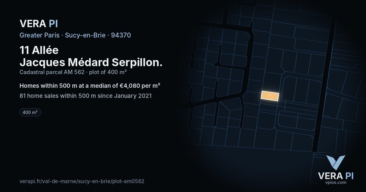 11 Allée Jacques Médard Serpillon, Sucy-en-Brie at night – the plot lit, the parcels around coloured by the prices near them