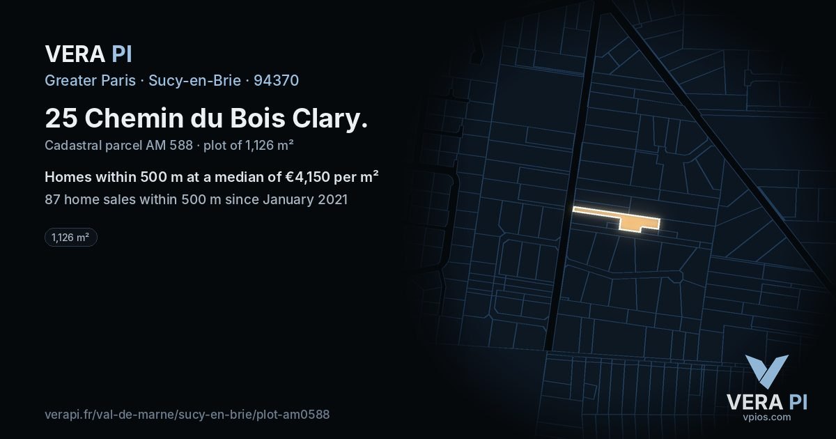 25 Chemin du Bois Clary, Sucy-en-Brie at night – the plot lit, the parcels around coloured by the prices near them