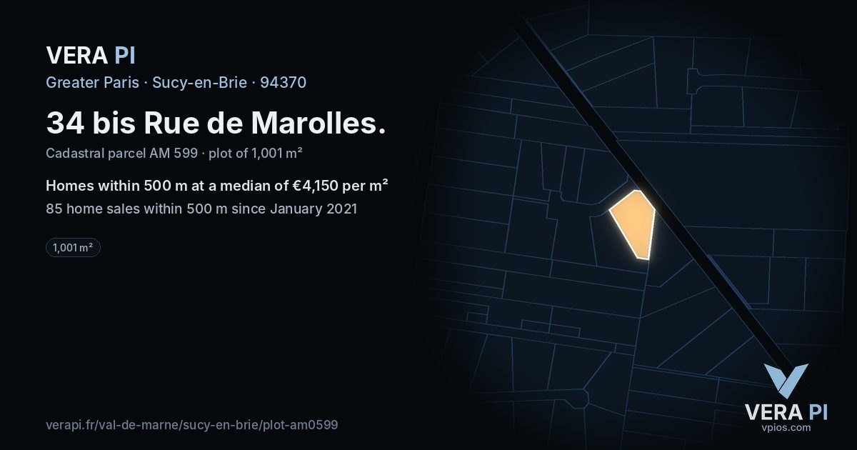 34 bis Rue de Marolles, Sucy-en-Brie at night – the plot lit, the parcels around coloured by the prices near them