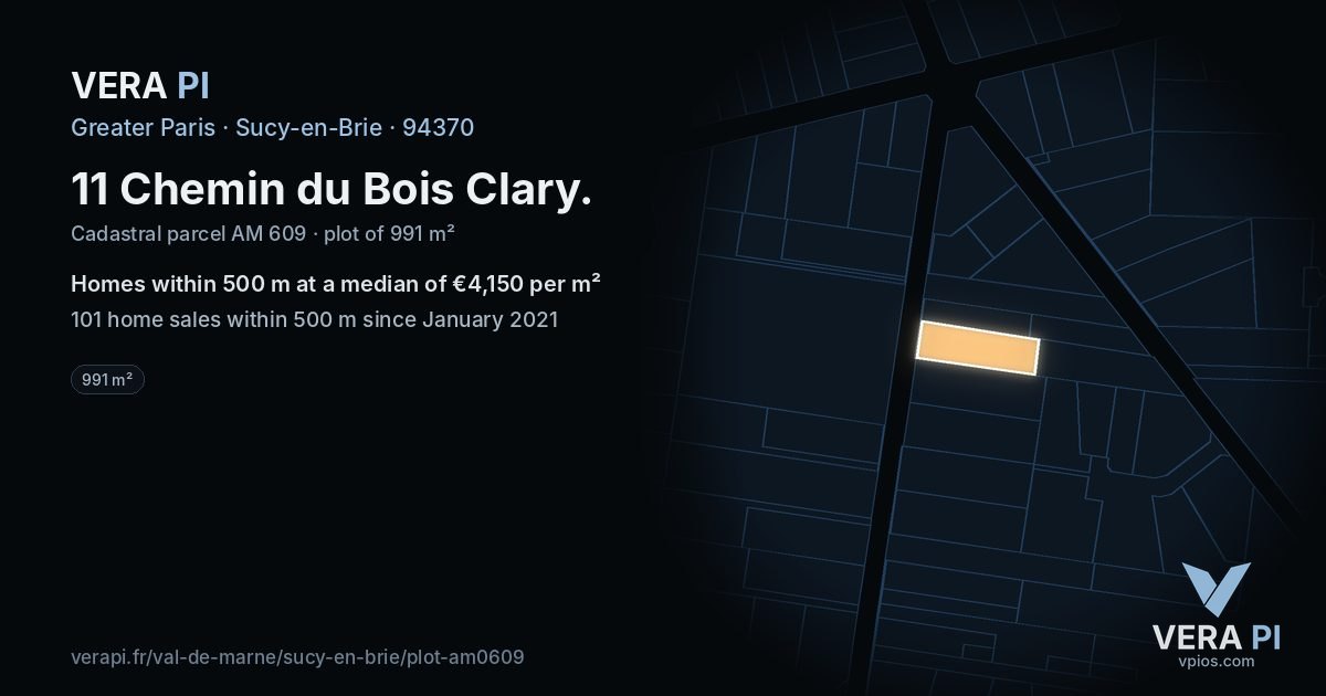 11 Chemin du Bois Clary, Sucy-en-Brie at night – the plot lit, the parcels around coloured by the prices near them