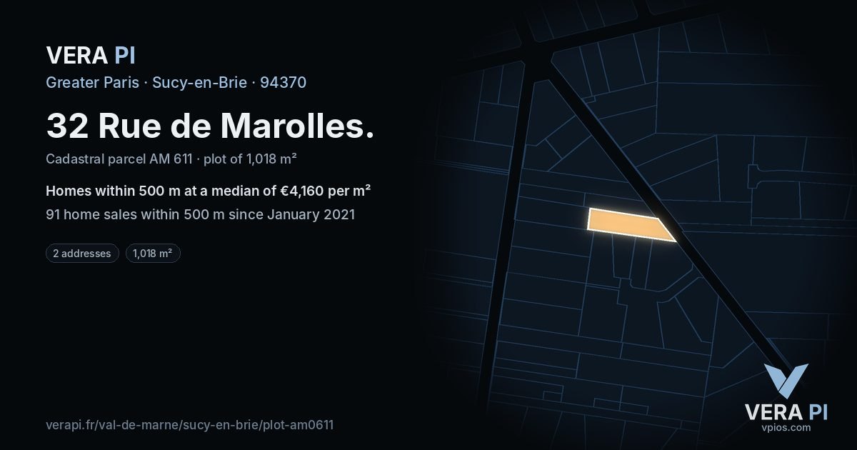 32 Rue de Marolles, Sucy-en-Brie at night – the plot lit, the parcels around coloured by the prices near them