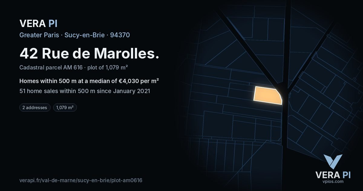 42 Rue de Marolles, Sucy-en-Brie at night – the plot lit, the parcels around coloured by the prices near them