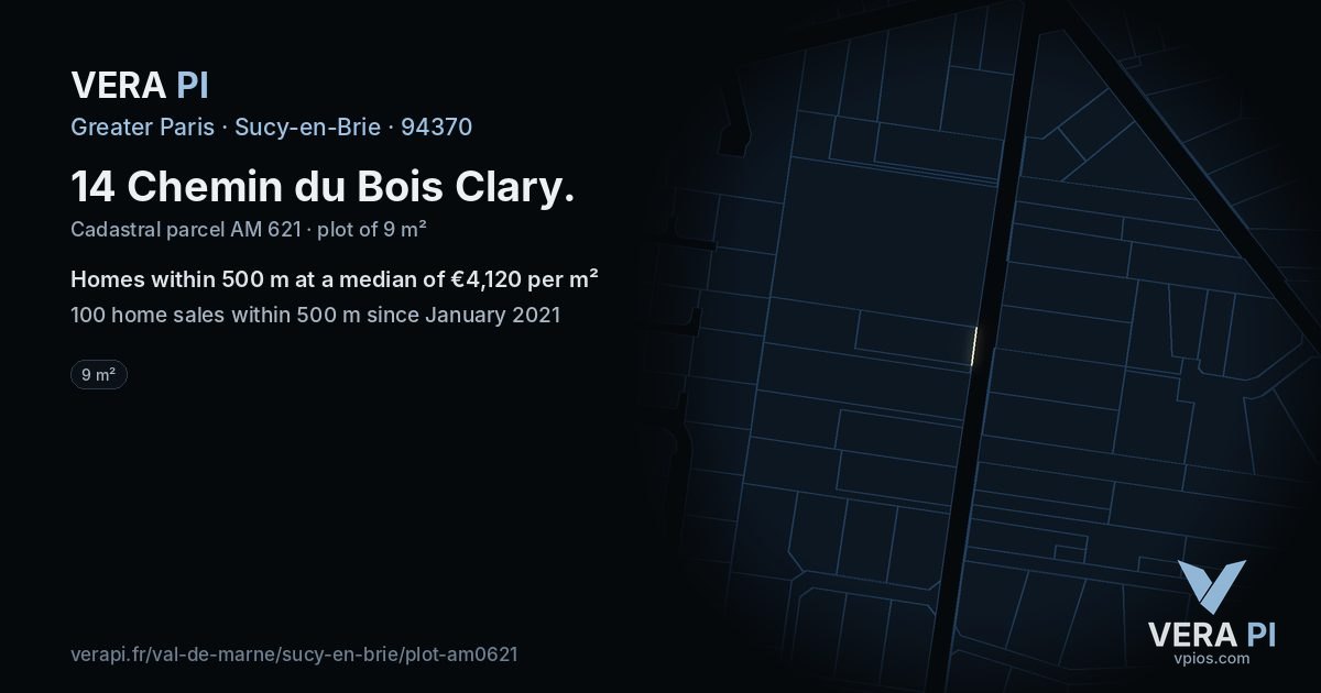 14 Chemin du Bois Clary, Sucy-en-Brie at night – the plot lit, the parcels around coloured by the prices near them