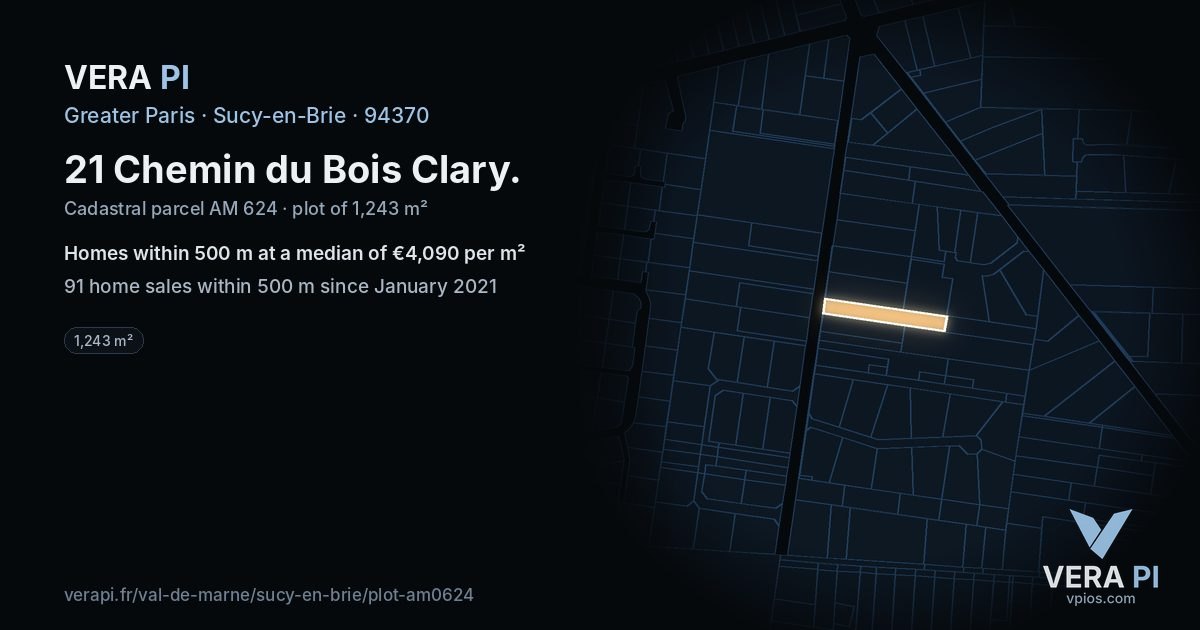21 Chemin du Bois Clary, Sucy-en-Brie at night – the plot lit, the parcels around coloured by the prices near them