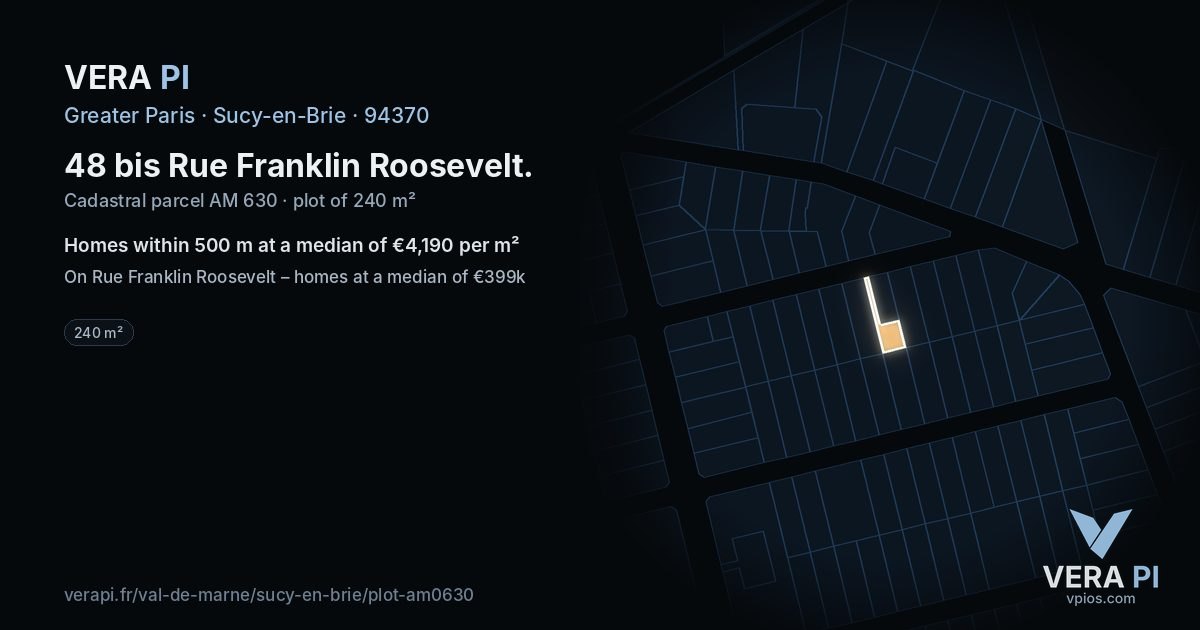 48 bis Rue Franklin Roosevelt, Sucy-en-Brie at night – the plot lit, the parcels around coloured by the prices near them