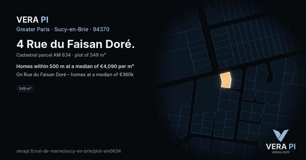 4 Rue du Faisan Doré, Sucy-en-Brie at night – the plot lit, the parcels around coloured by the prices near them