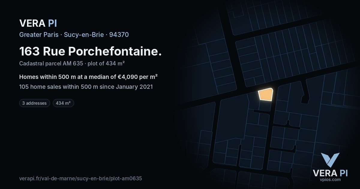 163 Rue Porchefontaine, Sucy-en-Brie at night – the plot lit, the parcels around coloured by the prices near them