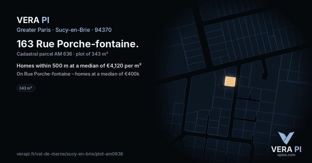 163 Rue Porche-fontaine, Sucy-en-Brie at night – the plot lit, the parcels around coloured by the prices near them