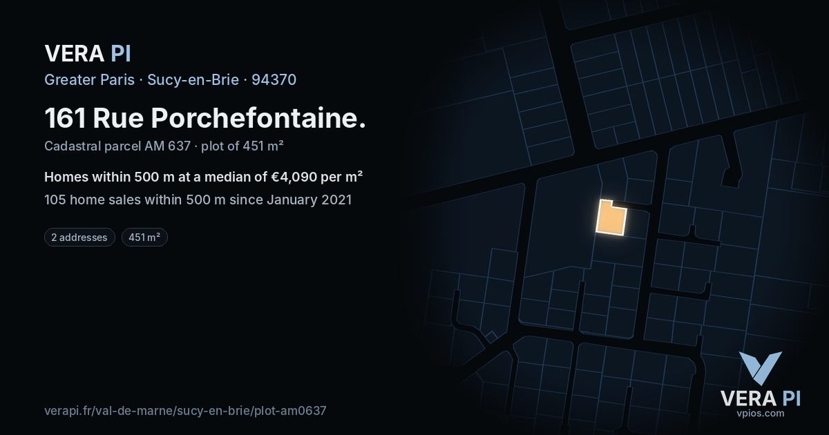 161 Rue Porchefontaine, Sucy-en-Brie at night – the plot lit, the parcels around coloured by the prices near them