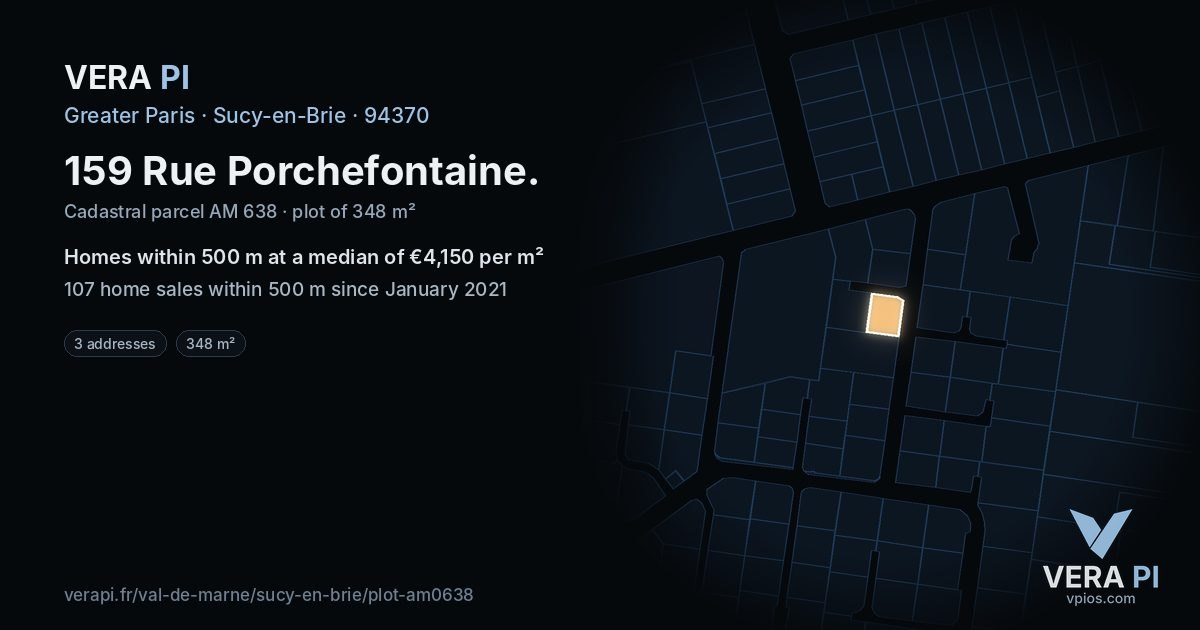 159 Rue Porchefontaine, Sucy-en-Brie at night – the plot lit, the parcels around coloured by the prices near them