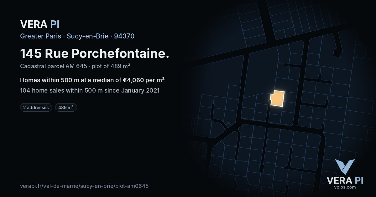 145 Rue Porchefontaine, Sucy-en-Brie at night – the plot lit, the parcels around coloured by the prices near them