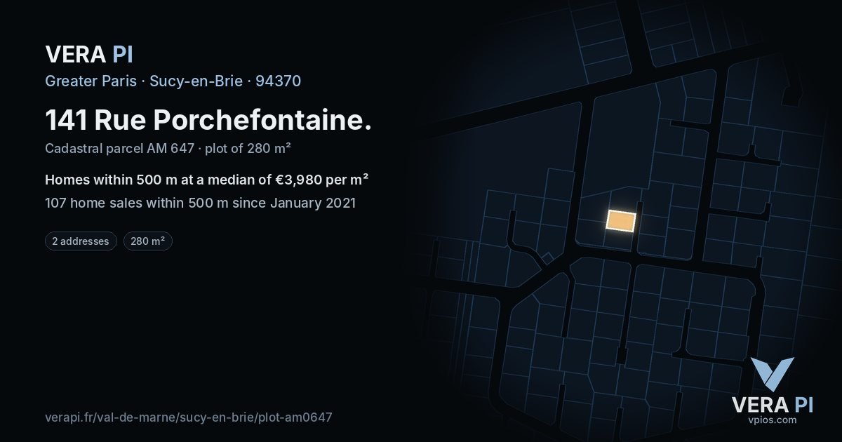 141 Rue Porchefontaine, Sucy-en-Brie at night – the plot lit, the parcels around coloured by the prices near them