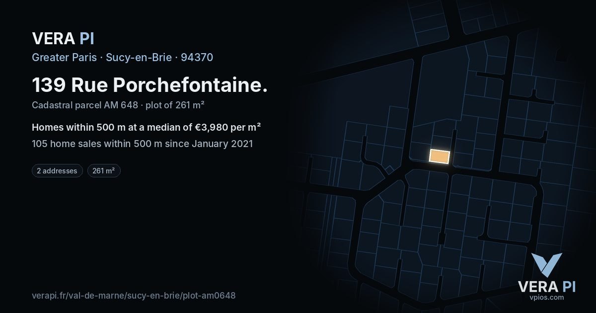 139 Rue Porchefontaine, Sucy-en-Brie at night – the plot lit, the parcels around coloured by the prices near them
