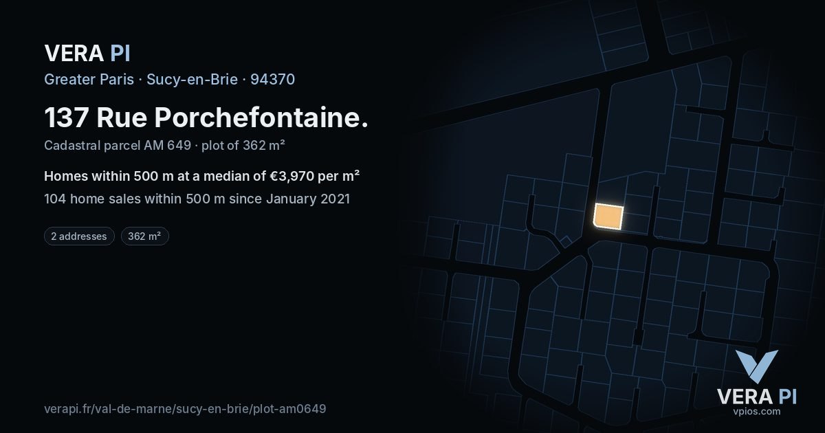 137 Rue Porchefontaine, Sucy-en-Brie at night – the plot lit, the parcels around coloured by the prices near them