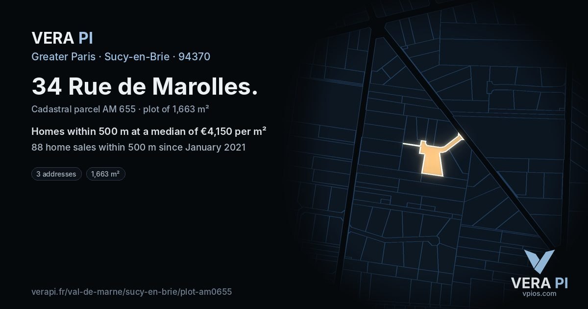 34 Rue de Marolles, Sucy-en-Brie at night – the plot lit, the parcels around coloured by the prices near them