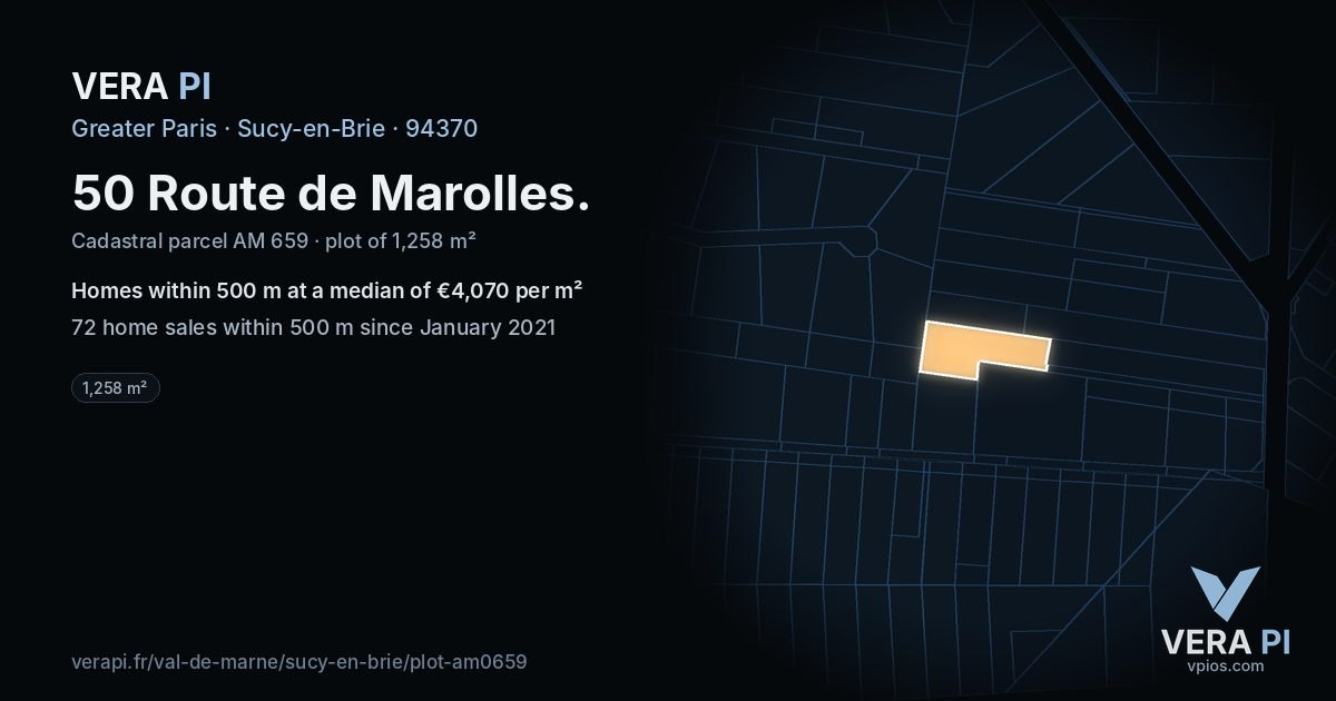 50 Route de Marolles, Sucy-en-Brie at night – the plot lit, the parcels around coloured by the prices near them